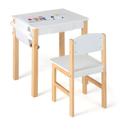 Kids Art Table and Chair Set with Drawer Paper Roll and 2 Markers-White - Relaxacare