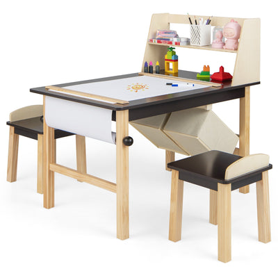 Kids Art Table and Chairs Set with Paper Roll and Storage Bins-Coffee - Relaxacare