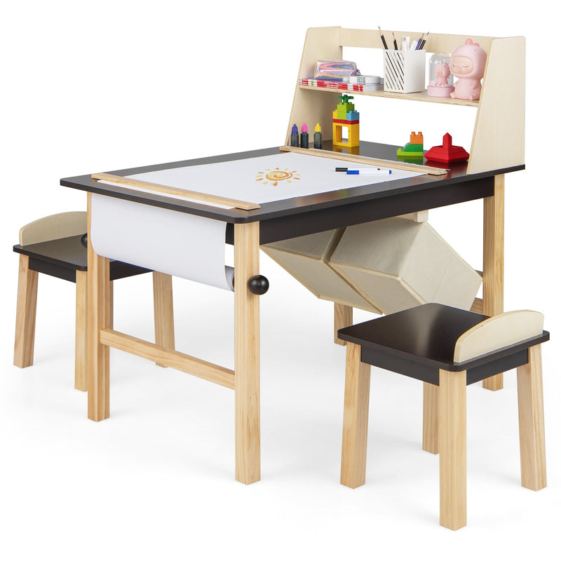 Kids Art Table and Chairs Set with Paper Roll and Storage Bins-Coffee - Relaxacare