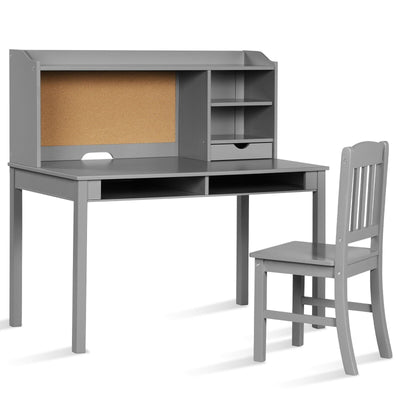 Kids Desk and Chair Set Study Writing Desk with Hutch and Bookshelves-Gray - Relaxacare