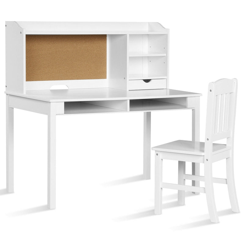 Kids Desk and Chair Set Study Writing Desk with Hutch and Bookshelves-White - Relaxacare
