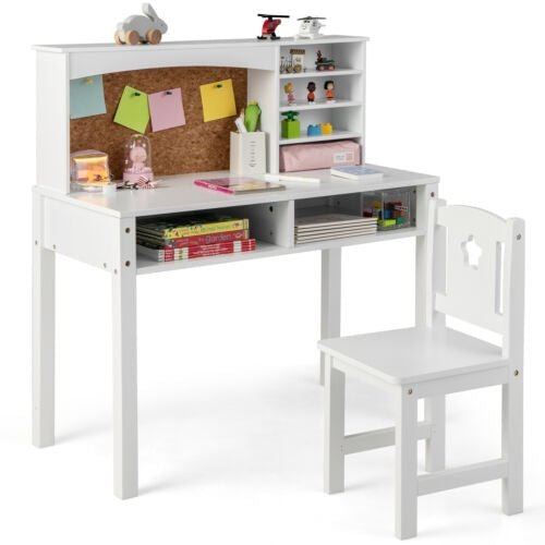 Kids Desk and Chair Set with Hutch and Bulletin Board for 3+ Kids - Relaxacare