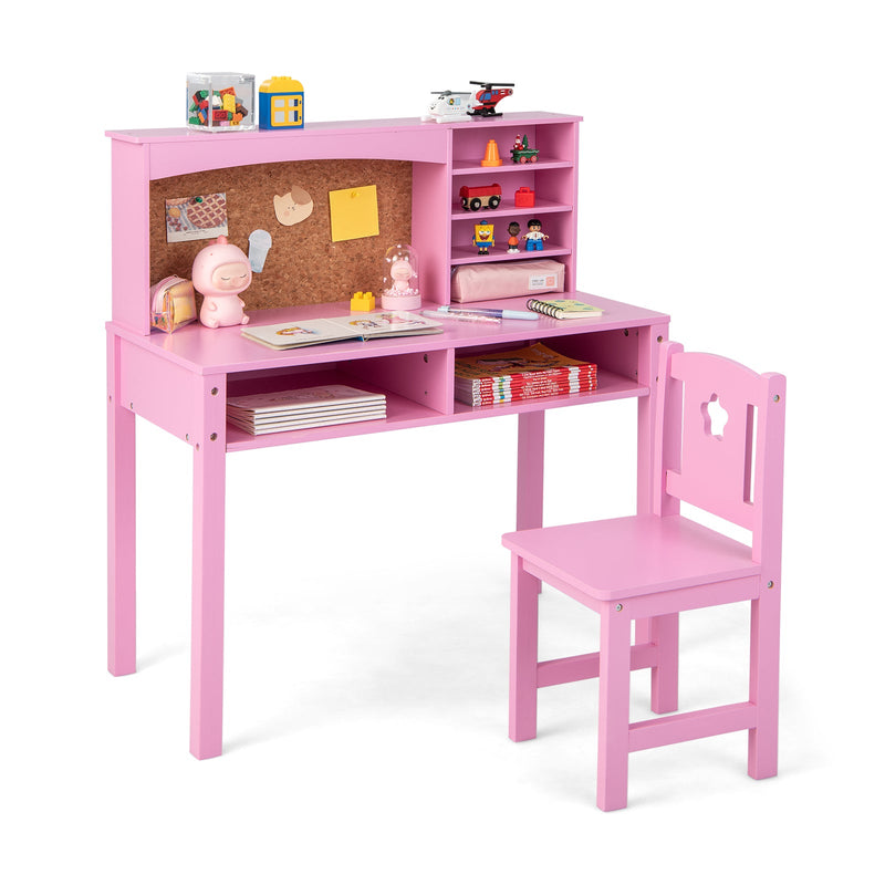 Kids Desk and Chair Set with Hutch and Bulletin Board for 3+ Kids-Pink - Relaxacare