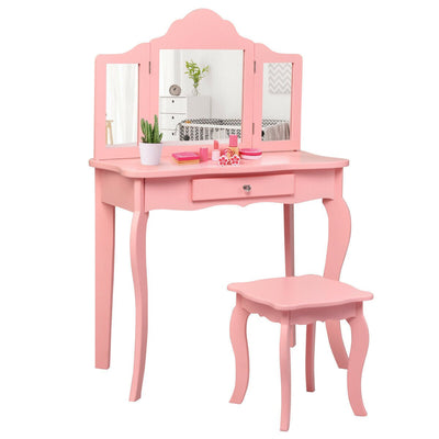Kids Makeup Dressing Mirror Vanity Table Stool Set-Pink - Relaxacare