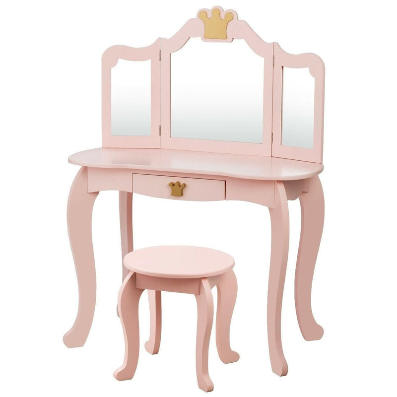 Kids Makeup Dressing Table with Tri-folding Mirror and Stool-Pink - Relaxacare