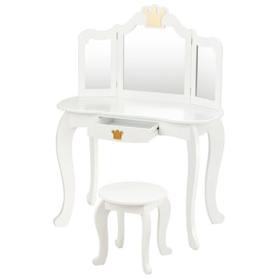 Kids Makeup Dressing Table with Tri-folding Mirror and Stool-White - Relaxacare