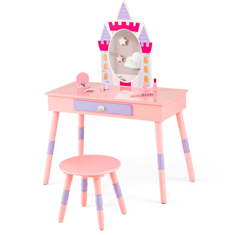 Princess Stool Kids Princess Vanity Table and Stool Set with Drawer and Mirror