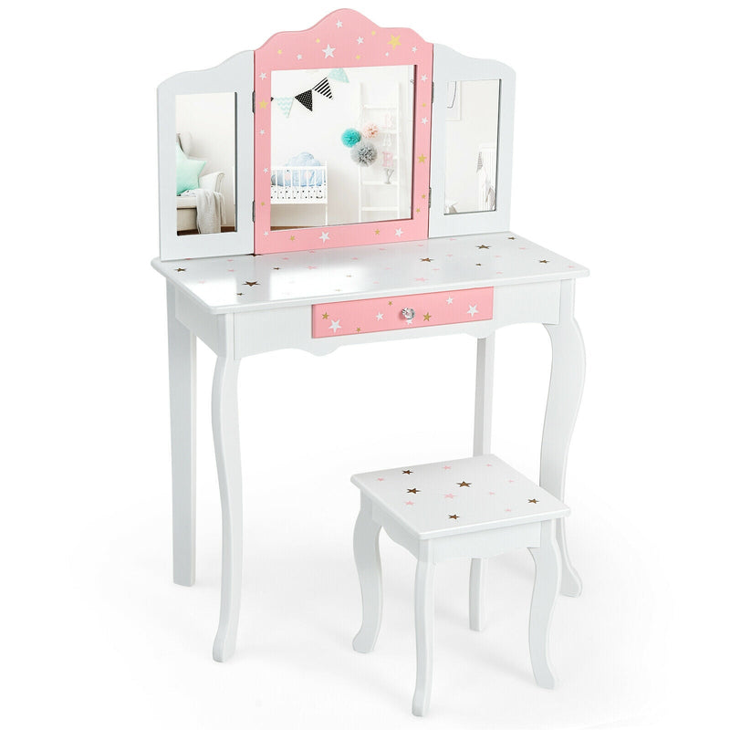 Kids Princess Vanity Table and Stool Set with Tri-folding Mirror and Drawer-White - Relaxacare