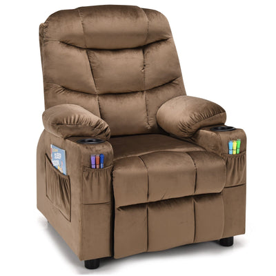 Kids PU Leather/Velvet Fabric Kids Recliner Chair with Cup Holders-Light Brown - Relaxacare