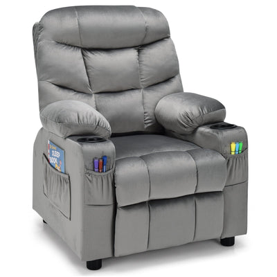Kids PU Leather/Velvet Fabric Kids Recliner Chair with Cup Holders-Light Gray - Relaxacare