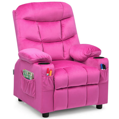 Kids PU Leather/Velvet Fabric Kids Recliner Chair with Cup Holders-Pink - Relaxacare