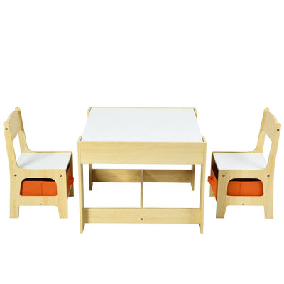 Kids Table Chairs Set With Storage Boxes Blackboard Whiteboard Drawing-Natural - Relaxacare