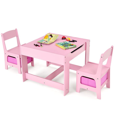 Kids Table Chairs Set With Storage Boxes Blackboard Whiteboard Drawing-Pink - Relaxacare