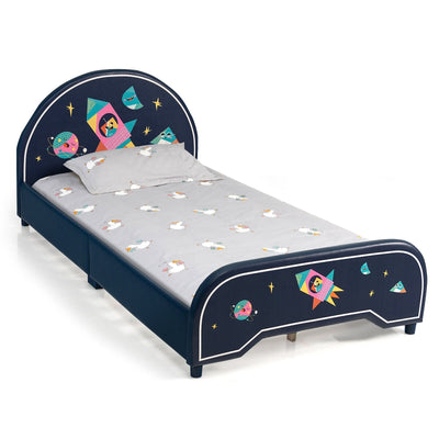 Kids Twin Size Upholstered Platform Bed with Rocket Pattern - Relaxacare