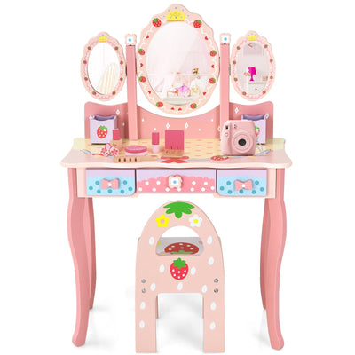 Kids Vanity Princess Makeup Dressing Table Chair Set with Tri-fold Mirror - Relaxacare