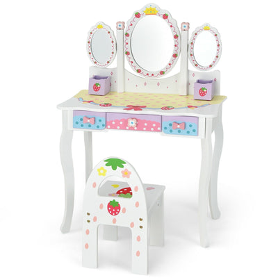 Kids Vanity Princess Makeup Dressing Table Chair Set with Tri-fold Mirror-White - Relaxacare