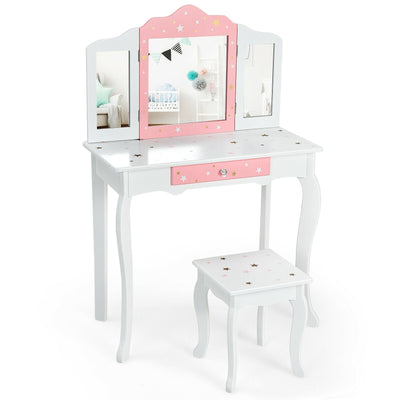 Kids Vanity Princess Makeup Dressing Table Chair Set with Tri-folding Mirror-White - Relaxacare
