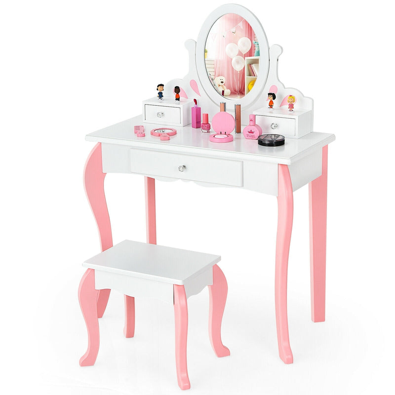Kids Vanity Princess Makeup Dressing Table Stool Set with Mirror and Drawer-White - Relaxacare