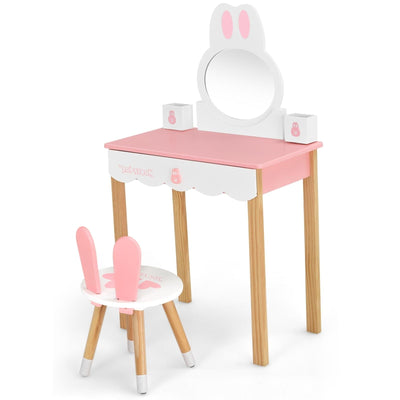 Kids Vanity Set Rabbit Makeup Dressing Table Chair Set with Mirror and Drawer-Pink - Relaxacare
