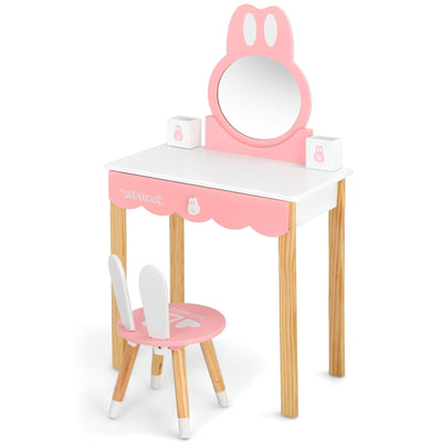 Kids Vanity Set Rabbit Makeup Dressing Table Chair Set with Mirror and Drawer-White - Relaxacare