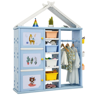 Kids Wardrobe Costume Storage Closet Pretend Dresser Hanging Armoire-Blue - Relaxacare