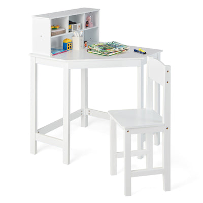 Kids Wooden Corner Desk and Chair Set with Hutch and Storage-White - Relaxacare