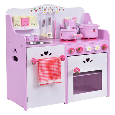 Kids Wooden Kitchen Toy Strawberry Pretend Cooking Playset - Relaxacare