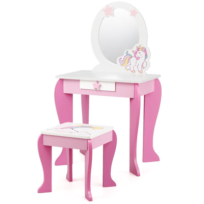 Kids Wooden Makeup Dressing Table and Chair Set with Mirror and Drawer - Relaxacare