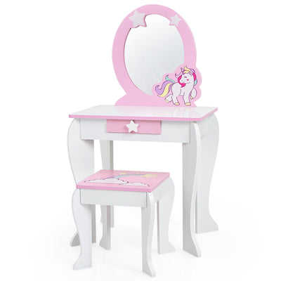 Kids Wooden Makeup Dressing Table and Chair Set with Mirror and Drawer-White - Relaxacare