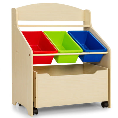 Kids Wooden Toy Storage Unit Organizer with Rolling Toy Box and Plastic Bins-Natural - Relaxacare