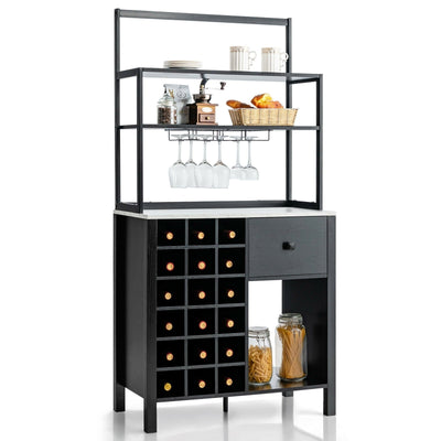 Kitchen Bakers Rack Freestanding Wine Rack Table with Glass Holder and Drawer-Black - Relaxacare