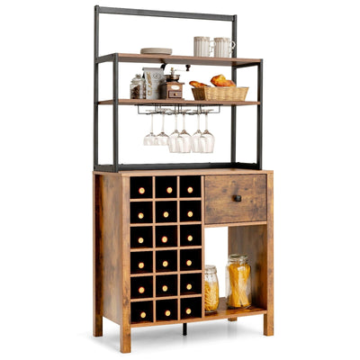 Kitchen Bakers Rack Freestanding Wine Rack Table with Glass Holder and Drawer-Rustic Brown - Relaxacare
