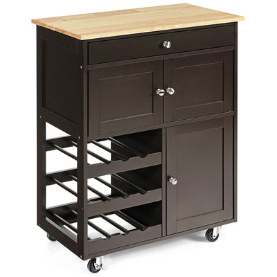 Kitchen Cart with Rubber Wood Top 3 Tier Wine Racks 2 Cabinets-Brown - Relaxacare