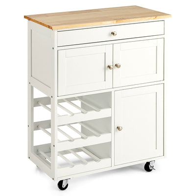 Kitchen Cart with Rubber Wood Top 3 Tier Wine Racks 2 Cabinets-White - Relaxacare