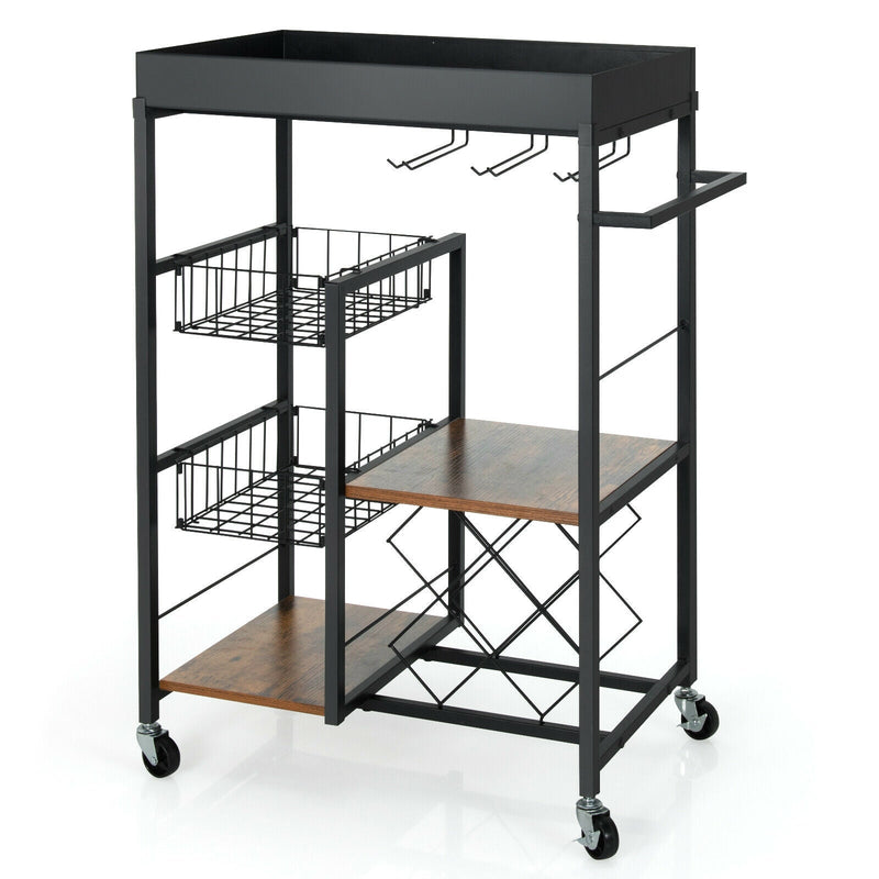 Kitchen Island Cart on Wheels with Removable Top and Wine Rack-Rustic Brown - Relaxacare