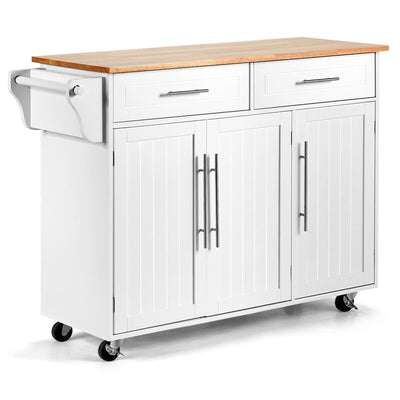 Kitchen Island Trolley Cart Wood Top Rolling Storage Cabinet-White - Relaxacare