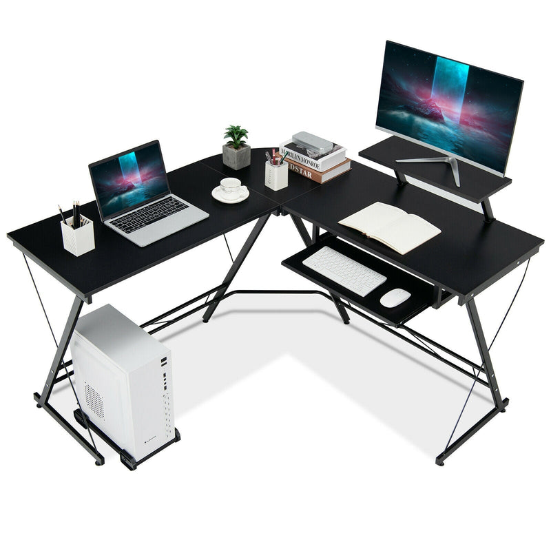 L Shaped Computer Desk Home Office Workstation with Movable Monitor Stand-Black - Relaxacare