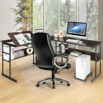L-Shaped Computer Desk with Tiltable Tabletop-Brown - Relaxacare