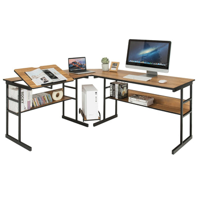 L-Shaped Computer Desk with Tiltable Tabletop-Walnut - Relaxacare