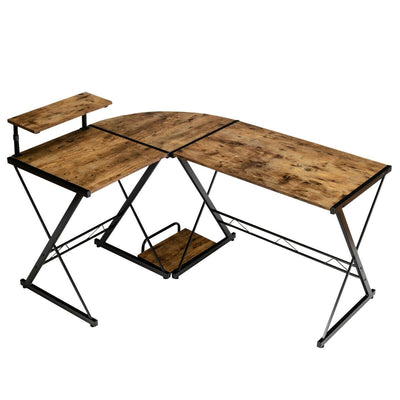 L-Shaped Computer Gaming Desk with Monitor Stand and Host Tray-Rustic Brown - Relaxacare