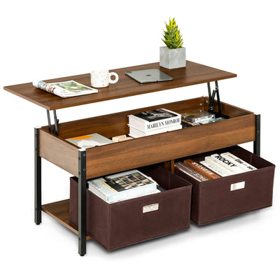 Lift Top Coffee Table Central Table with Drawers and Hidden Compartment for Living Room-Brown - Relaxacare