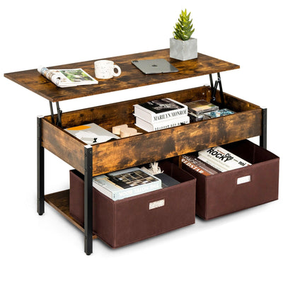 Lift Top Coffee Table Central Table with Drawers and Hidden Compartment for Living Room-Rustic Brown - Relaxacare