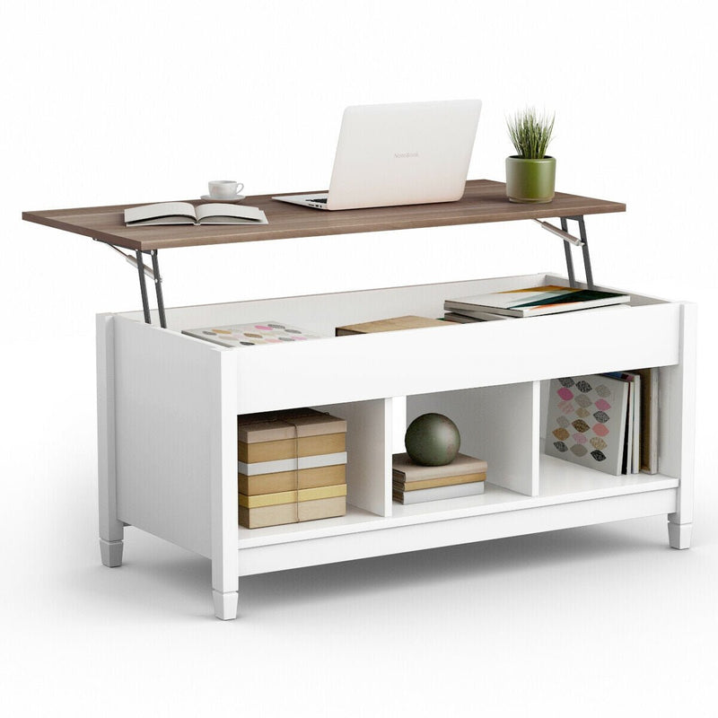 Lift Top Coffee Table w/ Hidden Compartment and Storage Shelves-White - Relaxacare