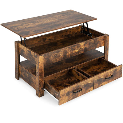 Lift Top Coffee Table with 2 Storage Drawers and Hidden Compartment-Rustic Brown - Relaxacare