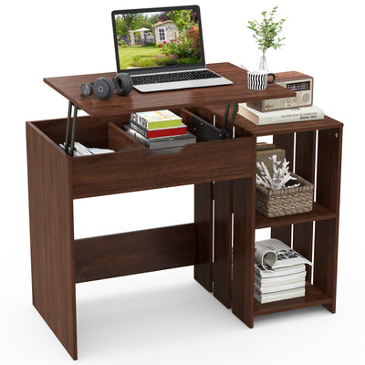 Lift Top Modern Computer Desk with 2 Hidden Compartments and 2 Open Storage Shelves-Walnut - Relaxacare