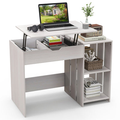 Lift Top Modern Computer Desk with 2 Hidden Compartments and 2 Open Storage Shelves-White - Relaxacare