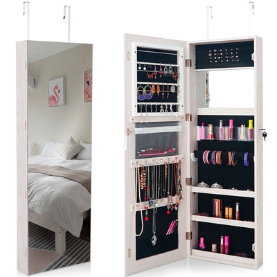 Lockable Storage Jewelry Cabinet with Frameless Mirror-White - Relaxacare