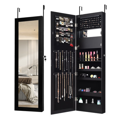 Lockable Wall Door Mounted Mirror Jewelry Cabinet with LED Lights - Relaxacare