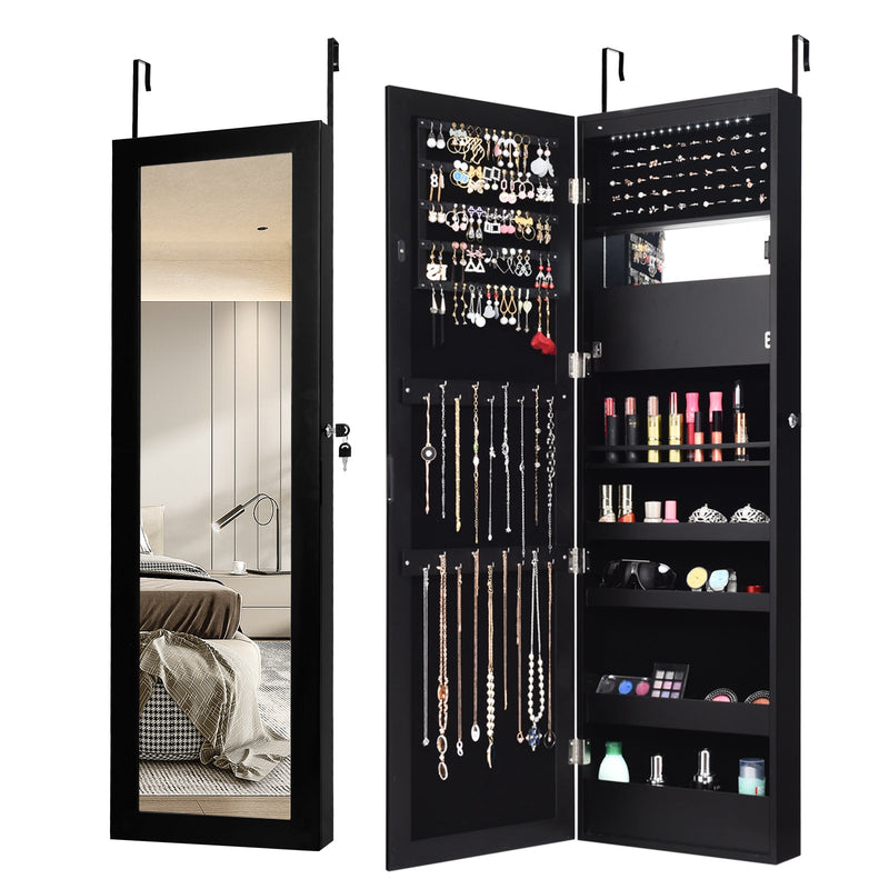 Lockable Wall Door Mounted Mirror Jewelry Cabinet with LED Lights - Relaxacare