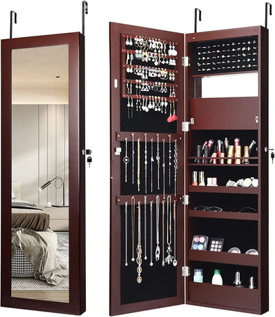 Lockable Wall Door Mounted Mirror Jewelry Cabinet with LED Lights-Brown - Relaxacare